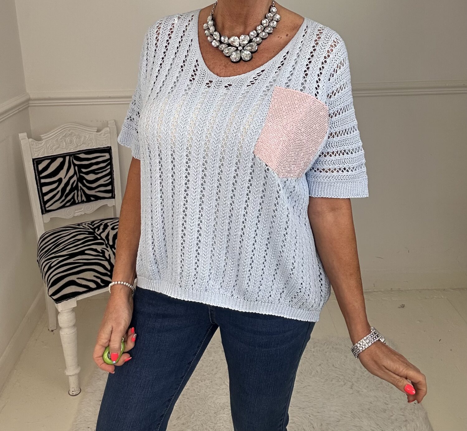 CLASSY BABY BLUE SPARKLE POCKET CROCHET JUMPER