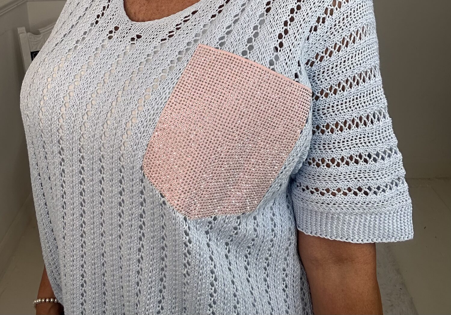 CLASSY BABY BLUE SPARKLE POCKET CROCHET JUMPER - Image 2