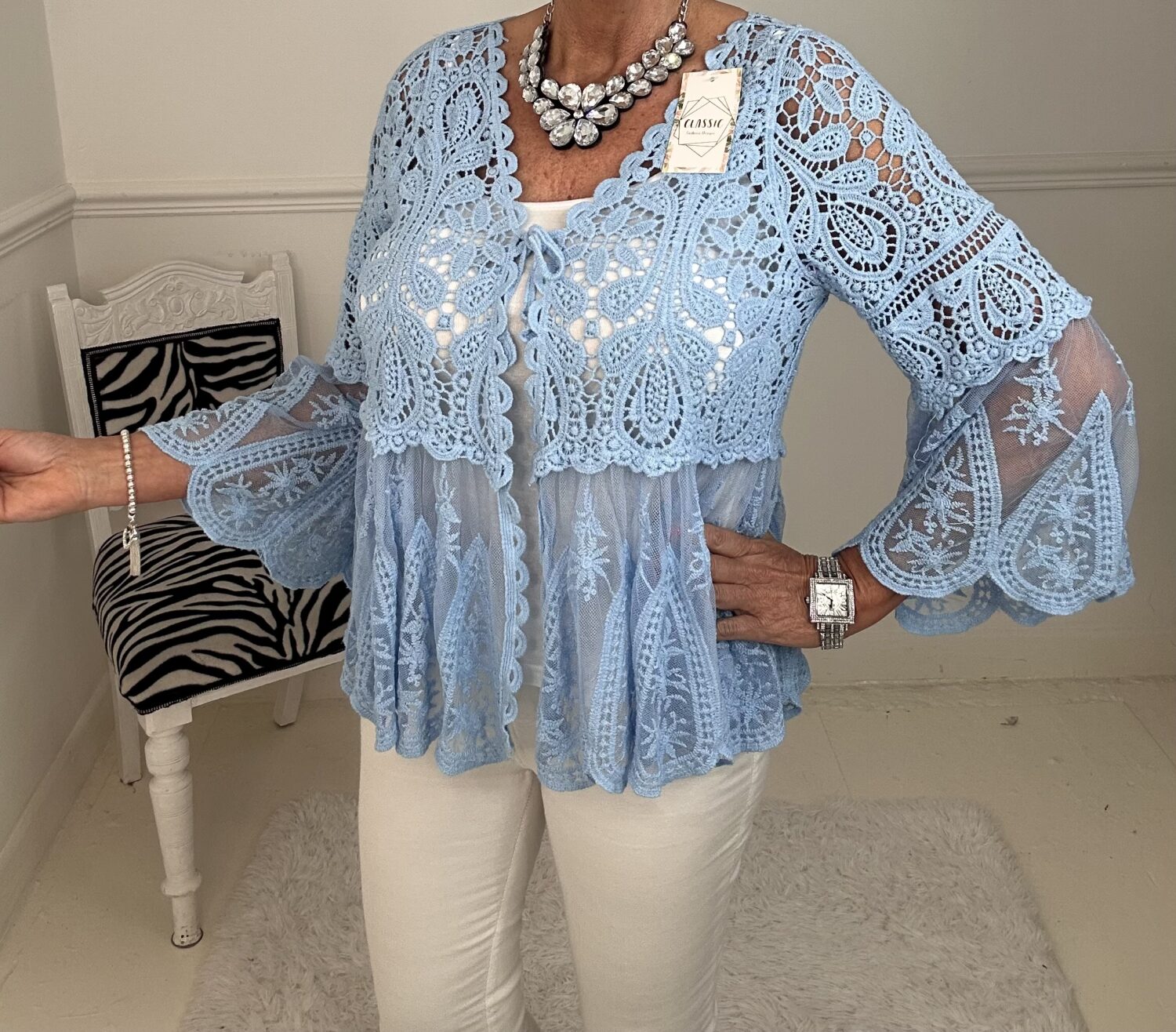 POWDER BLUE LACEY CROCHET TIE CARDI
