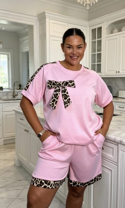 PINK LEOPARD BOW SHORT SET
